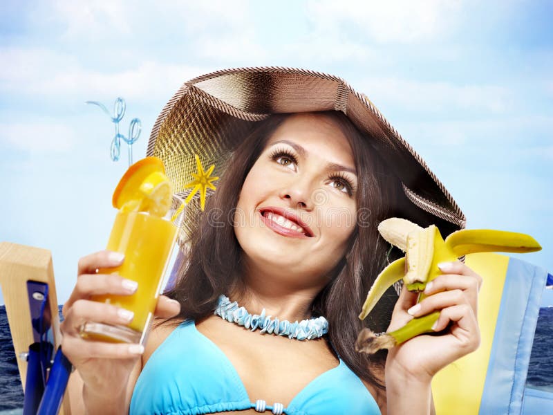 Girl in Bikini Drinking Cocktail. Stock Photo Image of straw, blue