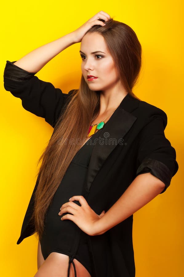 Girl in Bikini and Jacket with Long Hair Stock Image Image of