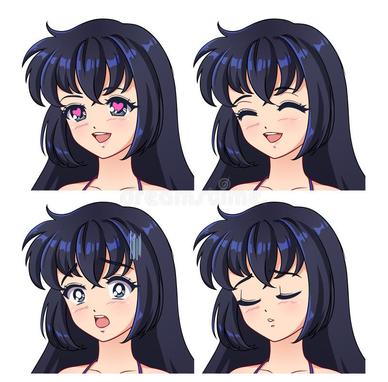 Set Of Four Anime Icons With Girls Stock Illustration - Download