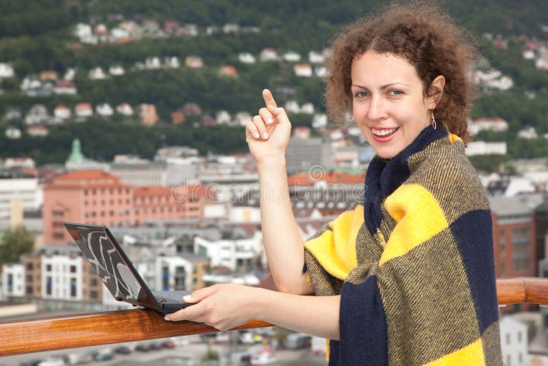 Girl in Blanket with Laptop on Deck Stock Photo Image of notebook, pink 27107618