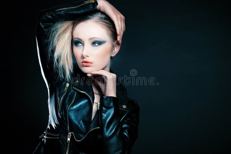 Fashion Make-up. Blond Model in Black Dress Stock Photo - Image of ...