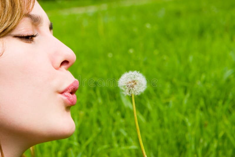 Girl blowing on the dandelion