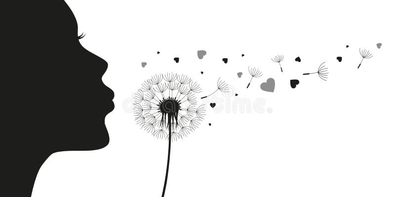 Girl blows dandelion with heart silhouette