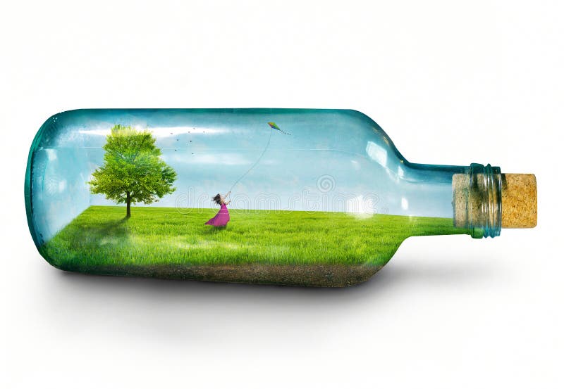 Una donna bloccati all'interno di una bottiglia di vetro vola un aquilone.