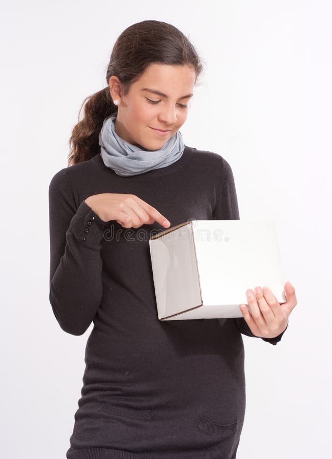 Girl with box stock image. Image of holding, young, cute 50374009