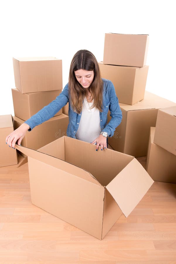Girl with boxes stock image. Image of casual, inscription 47555803