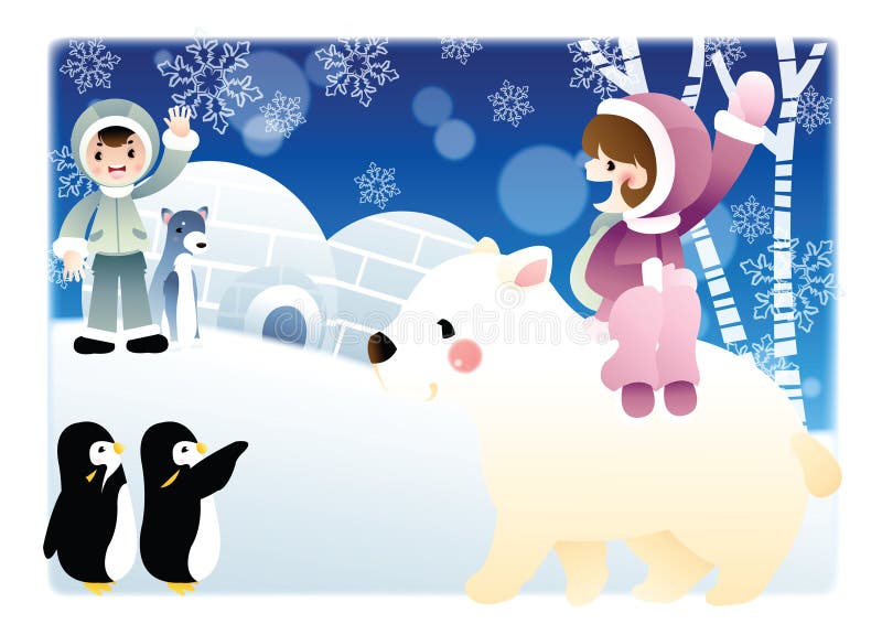 Girl and boy in cold climate with animals. Vector illustration decorative design royalty free illustration