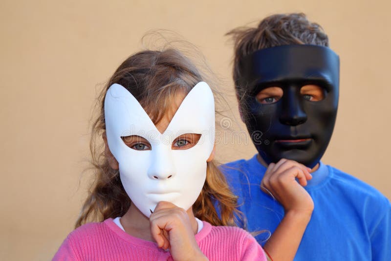 Girl and Boy Hide Faces Behind Masks Stock Image Image of face