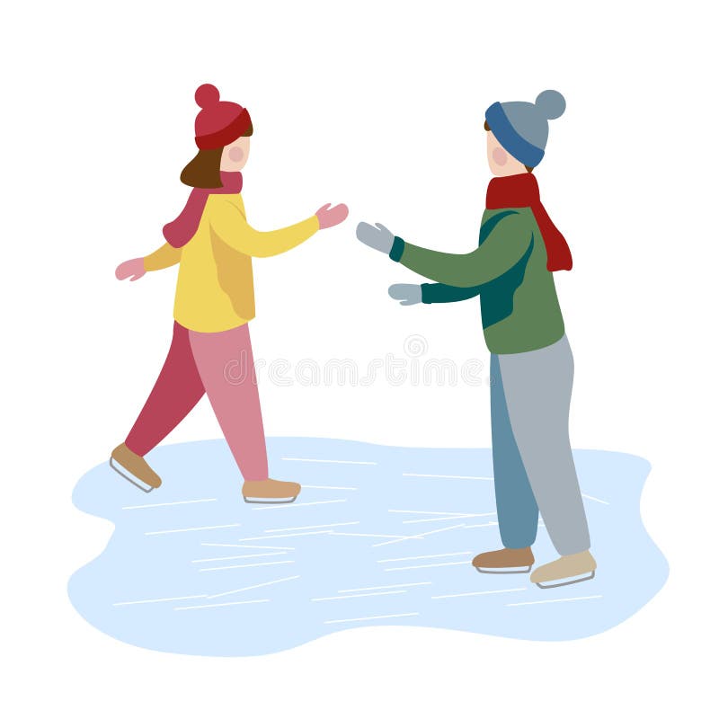 Girl and boy ice skate together. learns to ice skate. Kids winter activities.