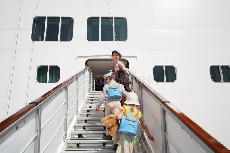 Girl and boy with mother enter in passenger liner