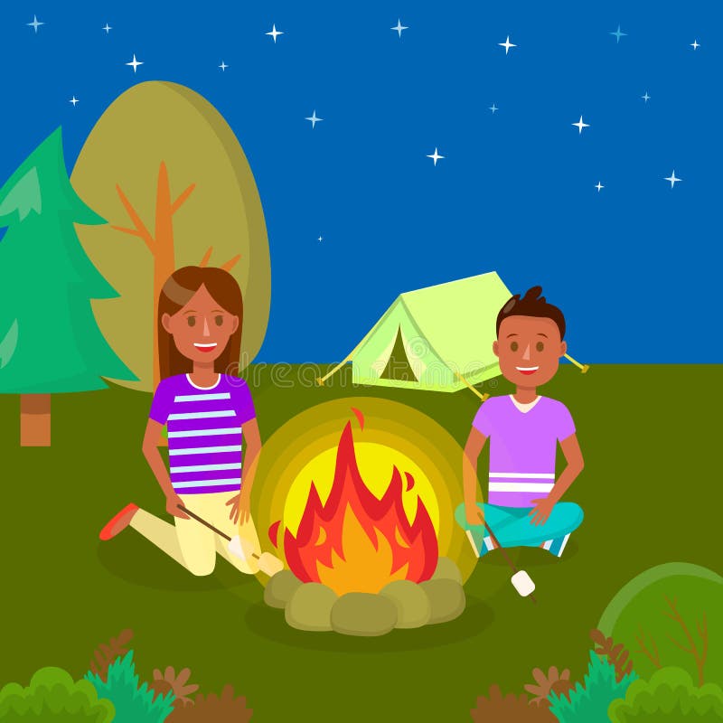 Girl and Boy Sitting Near Bonfire Flat Drawing Stock Vector ...