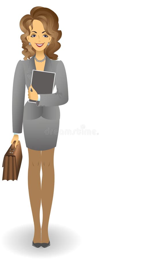 Attractive young woman in a gray business suit with a briefcase holding documents. Attractive young woman in a gray business suit with a briefcase holding documents