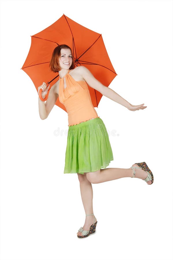 Girl in bright clothes with umbrella