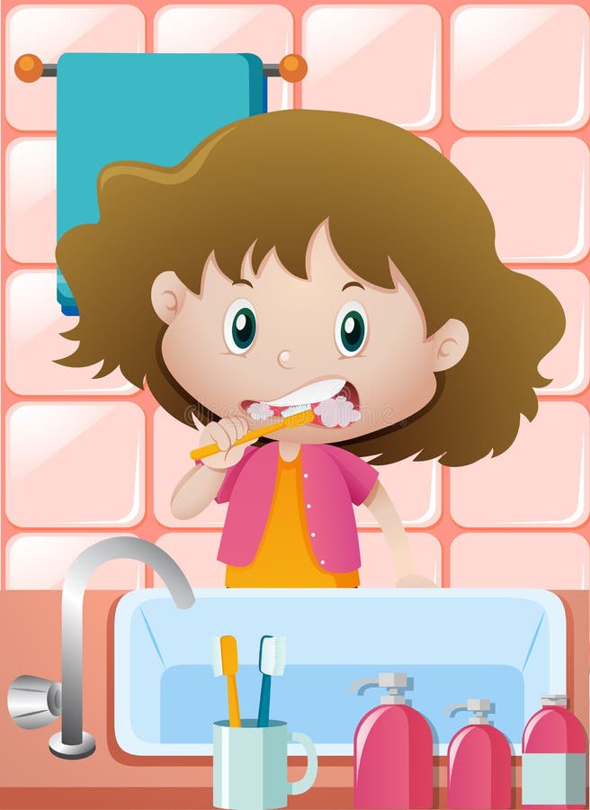 Girl Brushing Teeth at the Sink Stock Vector Illustration of toilet