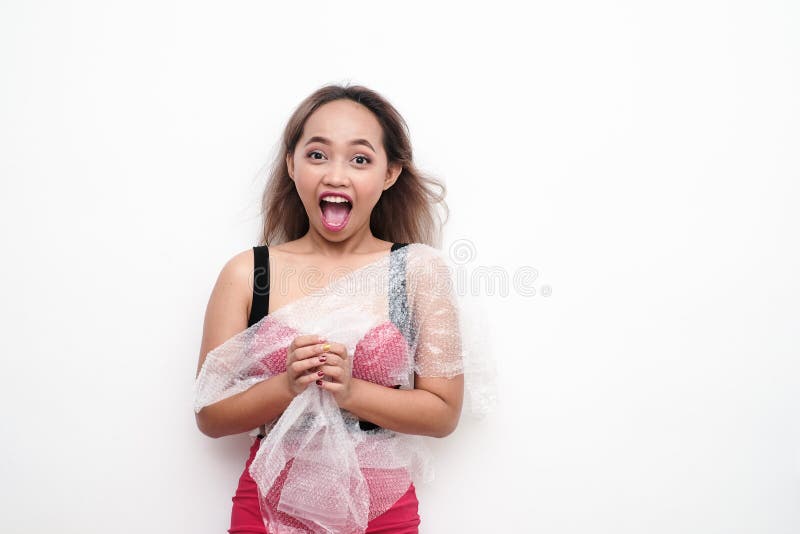 Girl with bubble wrap stock photo. Image of tired, depression 168720724