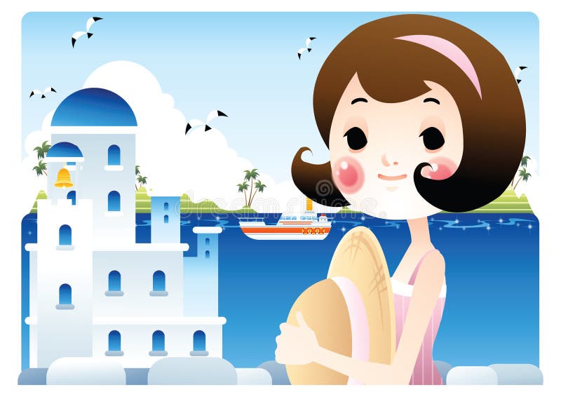 Girl and a building by the water. Vector illustration decorative design vector illustration