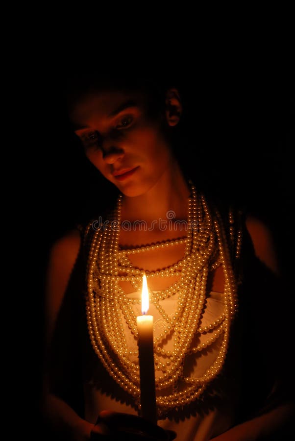 Girl with Burning Candle in Darkness Stock Image Image of candle