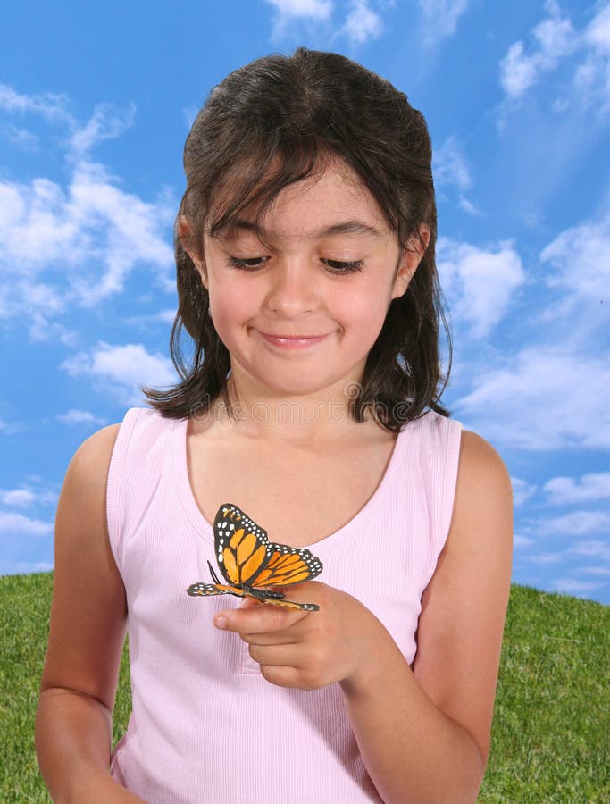 Girl and Butterfly stock image. Image of finger, smile 1000099