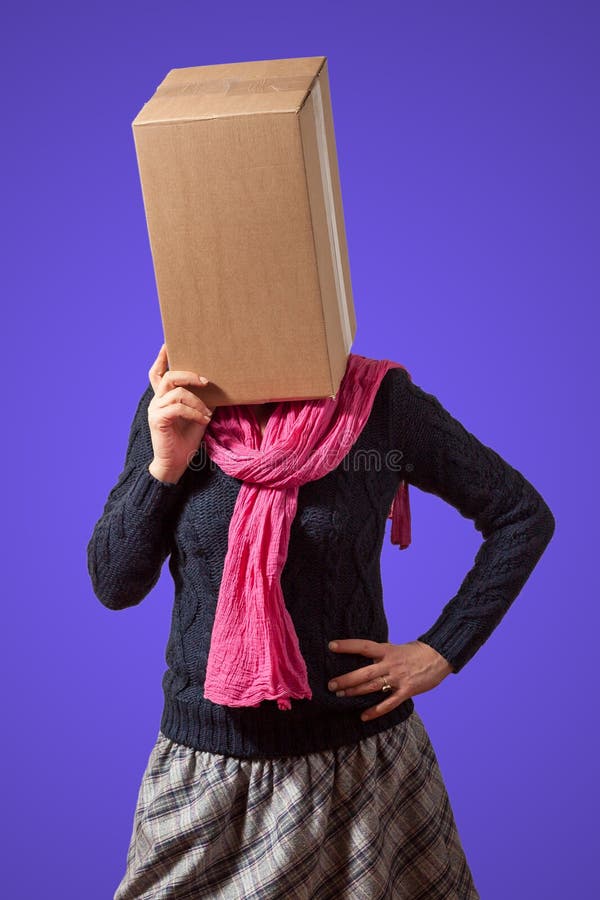 Girl with Cardboard Box Head Stock Photo Image of thoughtful