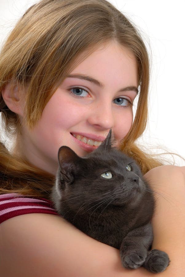 Girl and Cat stock image. Image of attractive, happy, female 4188705