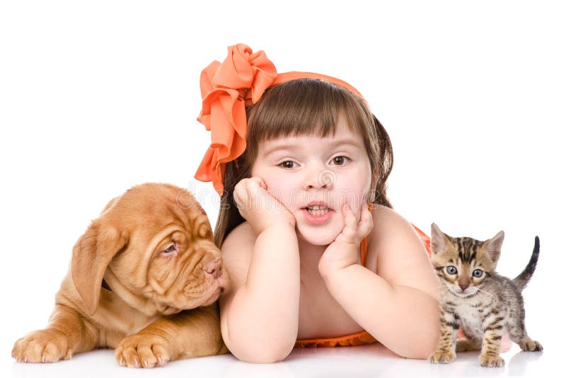 Girl with Pets Dog and Cat. Isolated on White Background Stock Image