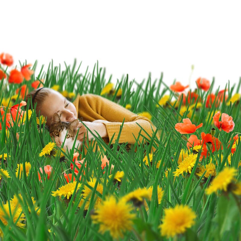 Girl and cat sleeping in grass