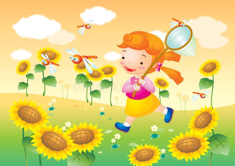 Girl catching dragonfly with net. Vector illustration decorative design royalty free illustration