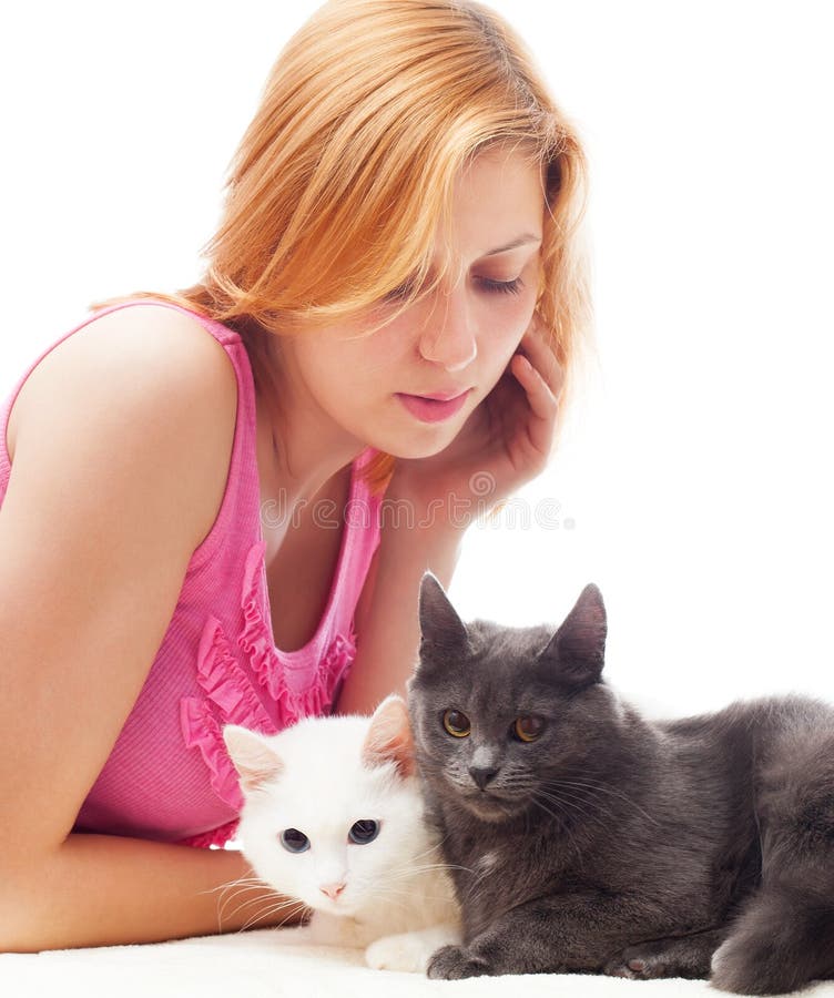 Girl and two cats stock image. Image of cats, beautiful 46965543