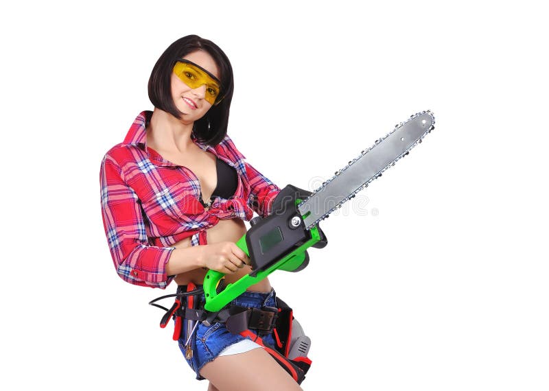Girl with chainsaw stock image. Image of construction 45551193