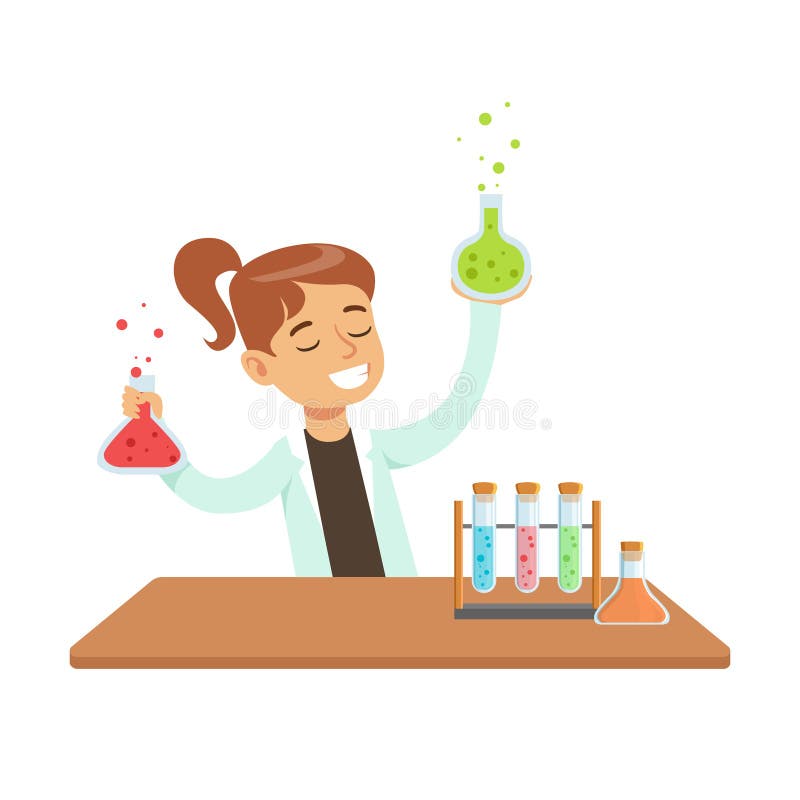 Girl Chemist and Chemical Experiment, Kid Doing Science Research Dreaming Of Becoming Professional Scientist In The