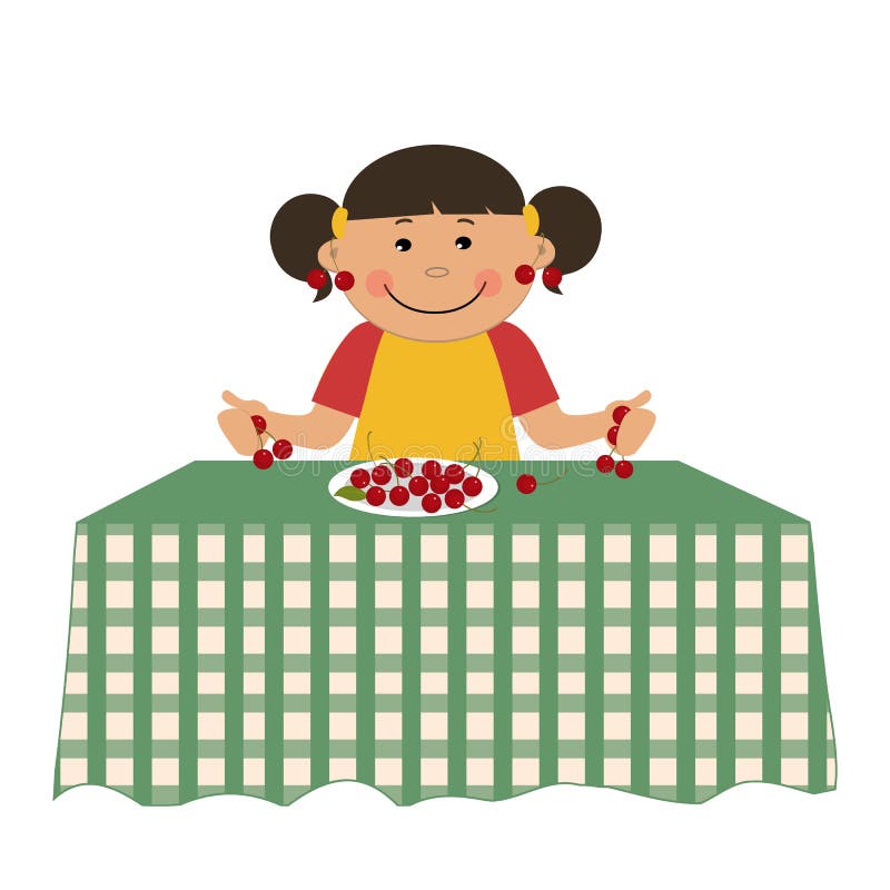 Girl and cherries. Cute little girl is sitting at a table and holding berries