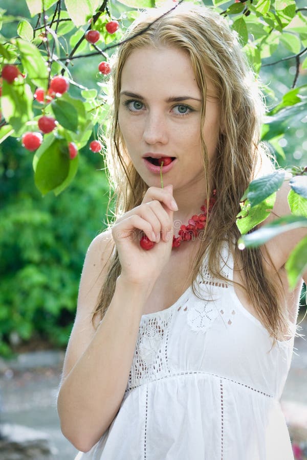 Girl With Cherry Stock Image Image Of Leaves Fruit 10158771