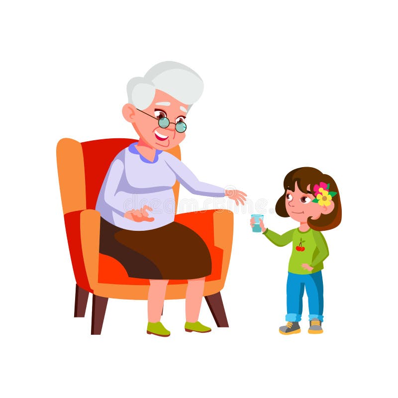 Girl Child Giving Water Cup To Grandmother Vector. Preteen Granddaughter Give Water Cup Elderly Woman. Characters Kid Help And Offering Drink Thirsty Mature Lady Flat Cartoon Illustration
