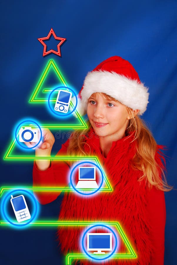 Girl Choosing Gift on Virtual Christmas Tree Stock Photo Image of camera, modern 28138700