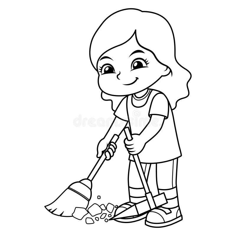 Girl Clean Up Garbage with Broom and Dust Pan BW Stock Illustration ...