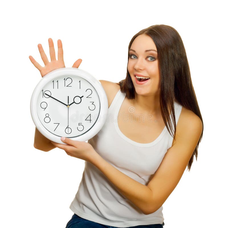 The Girl With Clock In Hands Is Happy Stock Photo Image of alarm