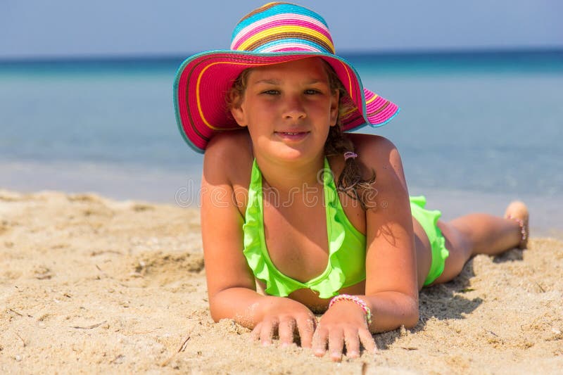 Girl with Colorful Hat on the Beach Stock Image Image of happiness
