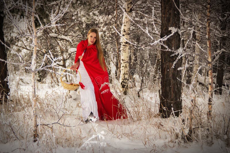 Girl in Costume Little Red Riding Hood with Dog Like a Wolf Stock Image ...