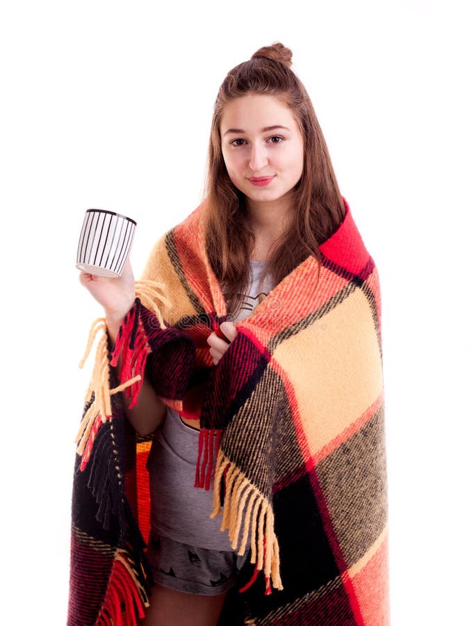Happy Girl Drink Coffee Covered Blanket Isolated Stock Photos Free