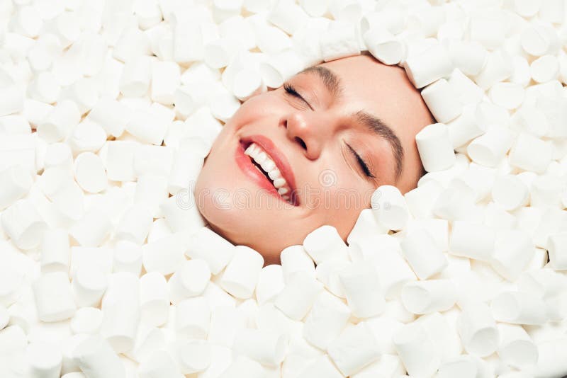 Girl Covered With White Marshmallows Stock Photo Image of closeup, studio 95632082