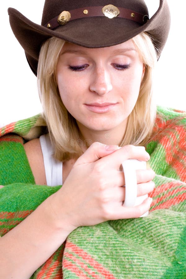 Girl In A Cowboy Hat With Cup Of Tea Stock Image Image of cheerful