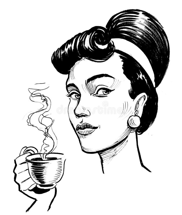 Girl with a cup of coffee stock illustration. Illustration of paper ...