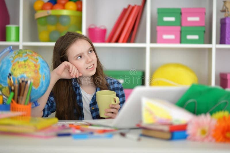 Girl with Cup Using Laptop at Home at Desk Stock Image Image of work