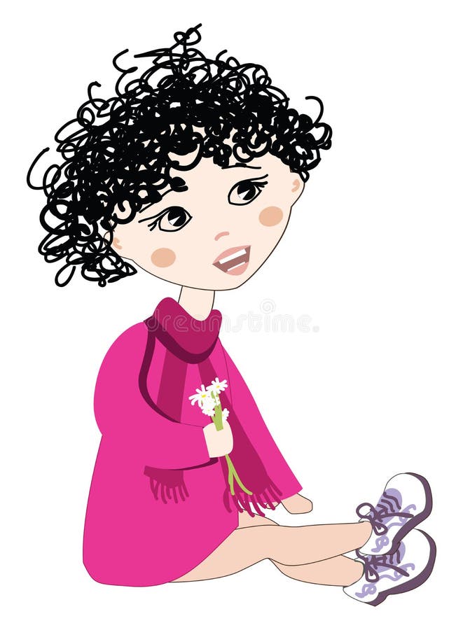 A girl with curly black hair, wearing a purple trench coat with purple scarf and sneakers holding flowers., vector, color drawing or illustration. A girl with curly black hair, wearing a purple trench coat with purple scarf and sneakers holding flowers., vector, color drawing or illustration