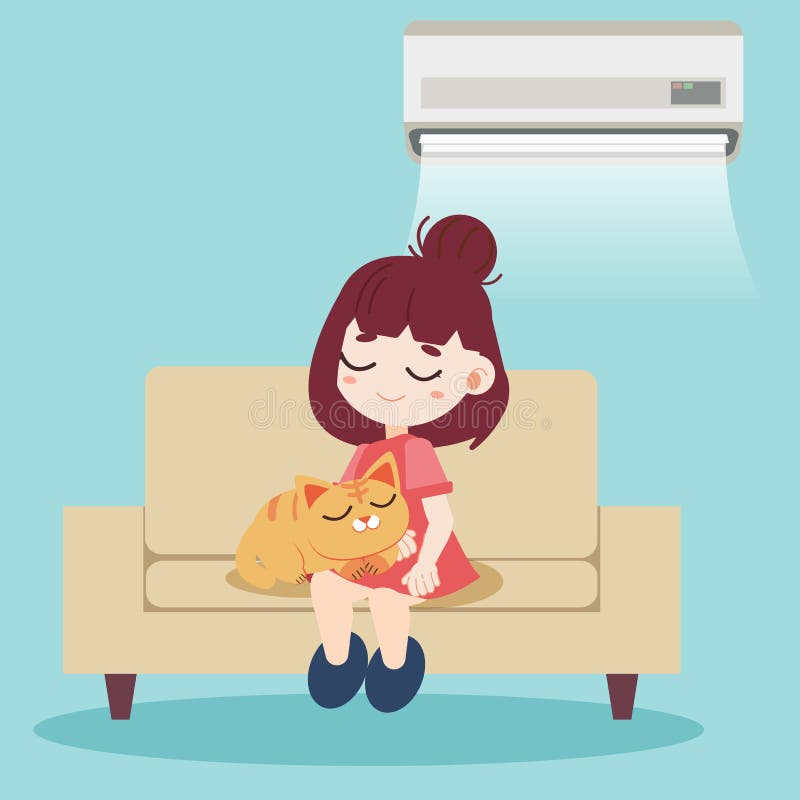 A girl and cute cat sitting together on the modern sofa and have air conditioner on the wall. They napping look so relax. Home pet in flat vector style