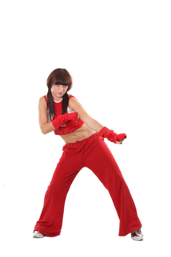 Girl dances in a red suit