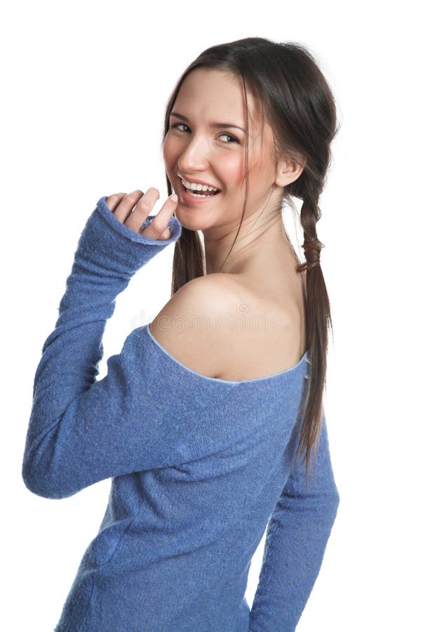 The Girl in a Dark Blue Sweater Stock Photo Image of barefooted