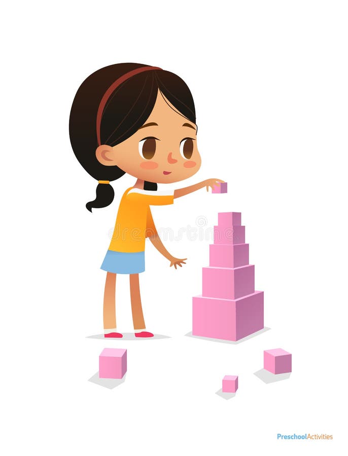Girl with Dark Hair Stands and Builds Tall Pyramid Using Pink Cubes ...