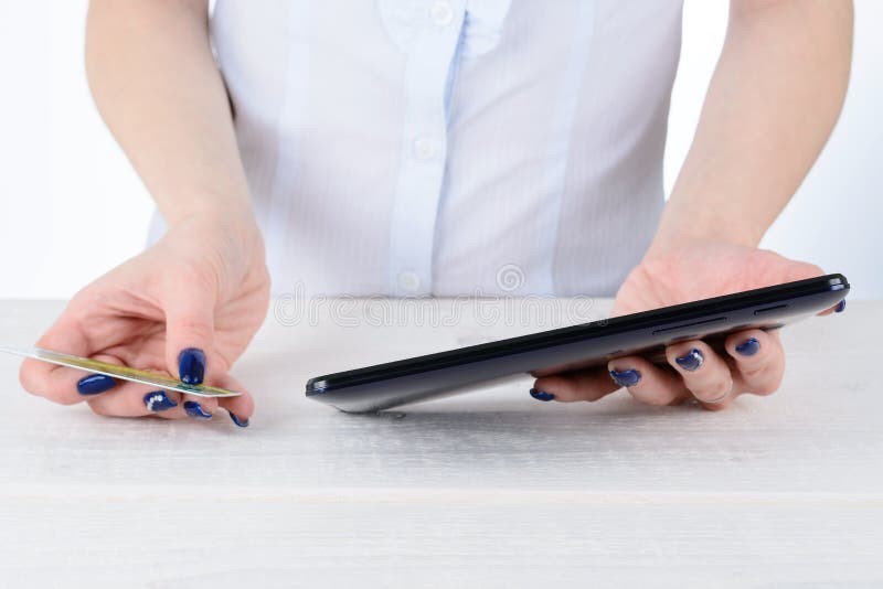 Girl Dials the Phone Number of Credit Card Stock Image Image of