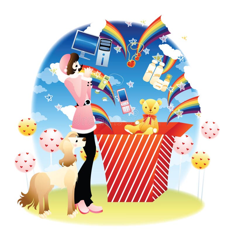 Girl and dog with gift bag. Vector illustration decorative design vector illustration
